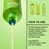 Close-up of a bottle of Garnier Fructis Sleek & Shine Leave-In Conditioner dispensing product on the left side. "How to use" section on the right side say: "After using Sleek & Shine shampoo and conditioner, apply quarter-sized portion to damp or dry hair. Distribute throughout hair. Do not rinse.". Featured products are shown at the top.