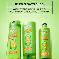 Three Garnier Fructis Sleek & Shine products (shampoo, smoothing conditioner, and leave-in conditioner) displayed, with text claiming "UP TO 3 DAYS SLEEK WITH SYSTEM OF SHAMPOO, CONDITIONER & LEAVE-IN CREAM."