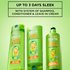 Three Garnier Fructis Sleek & Shine products (shampoo, smoothing conditioner, and leave-in conditioner) displayed, with text claiming "UP TO 3 DAYS SLEEK WITH SYSTEM OF SHAMPOO, CONDITIONER & LEAVE-IN CREAM."