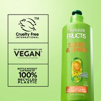 An XL bottle of Garnier Fructis Sleek & Shine Leave-In Conditioner on the right side, while the left side features claims such as "Cruelty Free International", "Vegan Formula, No animal derived ingredients" and "Bottle without cap made of 100% recycled plastic", indicating Garnier's Greener Beauty commitments.