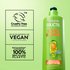An XL bottle of Garnier Fructis Sleek & Shine Leave-In Conditioner on the right side, while the left side features claims such as "Cruelty Free International", "Vegan Formula, No animal derived ingredients" and "Bottle without cap made of 100% recycled plastic", indicating Garnier's Greener Beauty commitments.