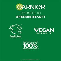 Garnier "Greener Beauty" commitments: Cruelty-Free, Vegan Formula, 100% Recycled Plastic bottle.