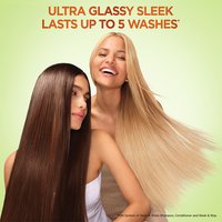 Two women with ultra glassy, sleek hair, showing results that last up to 5 washes.