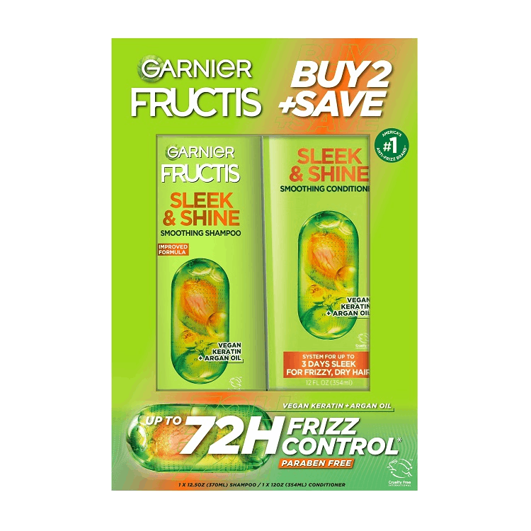Front of Pack of Fructis Sleek & Shine Shampoo + Conditioner
