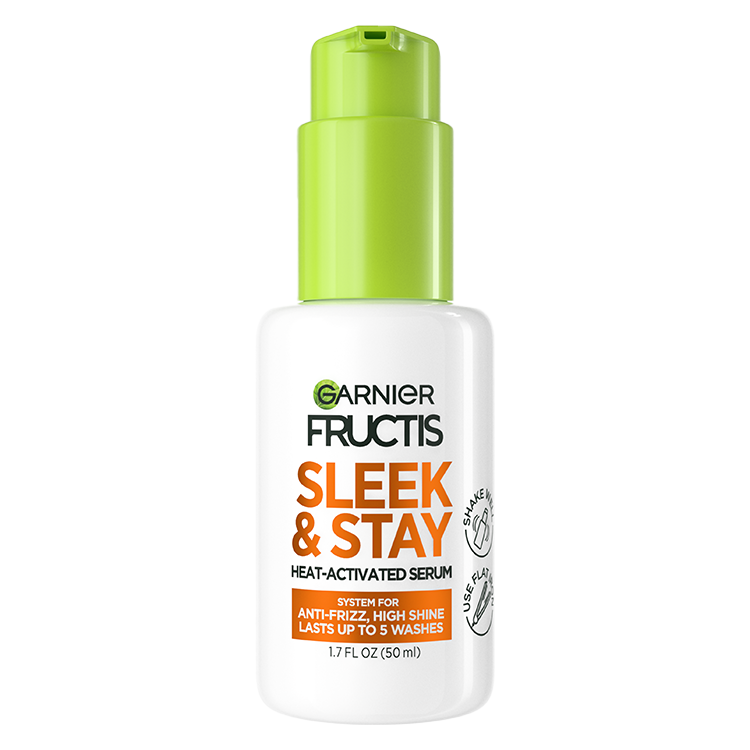 Front view of Garnier Fructis Sleek & Stay Heat-Activated Serum bottle.