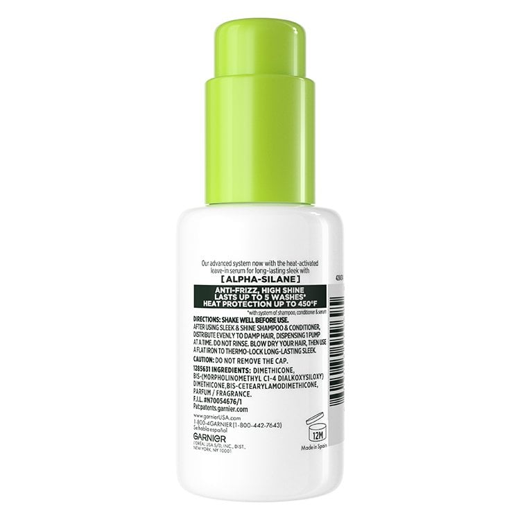 Back of Garnier Fructis Sleek & Stay Heat-Activated Serum bottle with product details and ingredients.