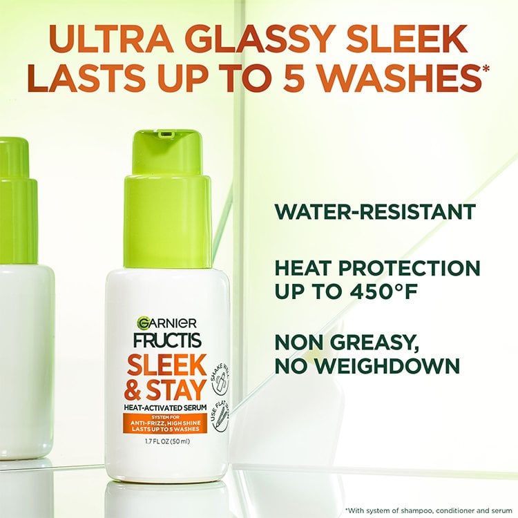 Garnier Fructis Sleek & Stay Heat-Activated Serum bottles highlighting benefits: water-resistant, heat protection up to 450°F, non-greasy.
