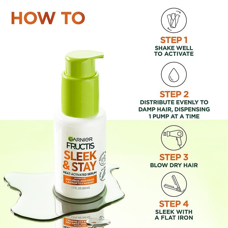 Step-by-step instructions for using Garnier Fructis Sleek & Stay Heat-Activated Serum.