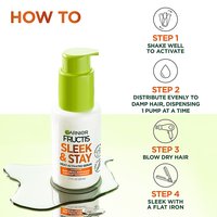 Step-by-step instructions for using Garnier Fructis Sleek & Stay Heat-Activated Serum.
