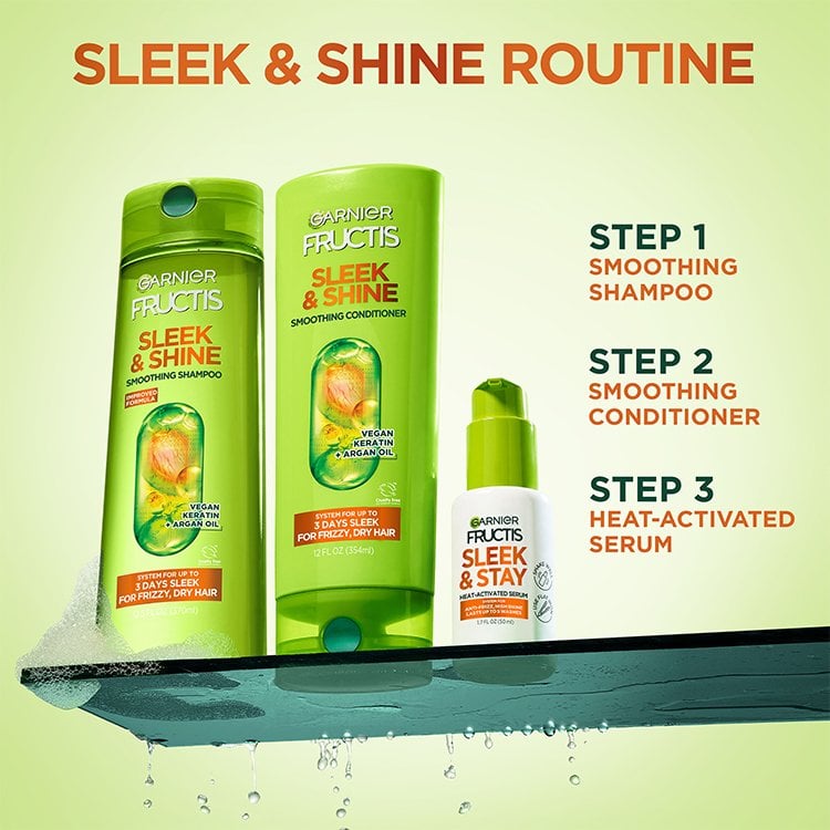 Garnier Fructis Sleek & Shine routine with shampoo, conditioner, and heat-activated serum.