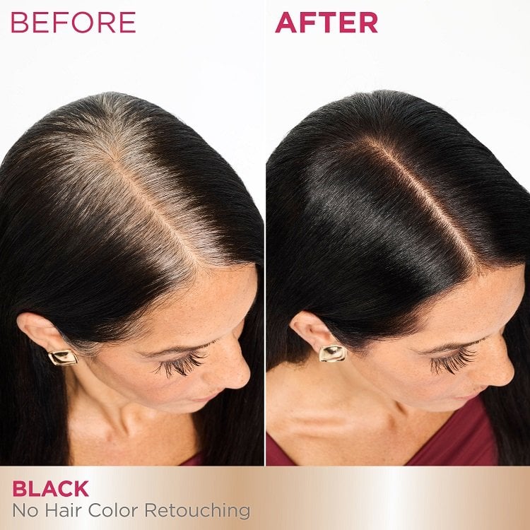 A 'Before and After' comparison showing the top of a woman's head. The 'Before' image displays visible gray hair at the roots along her part, while the 'After' image shows her hair uniformly dyed black with no gray roots visible.
