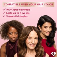 Three diverse women smiling, showcasing different hair colors including dark, medium brown, and auburn. Text above them states 'COMPATIBLE WITH YOUR HAIR COLOR,' '100% gray coverage,' 'Lasts up to 4 weeks,' and '5 essential shades,' suggesting a hair color product.