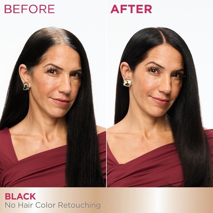 A 'Before and After' comparison of a smiling woman. The 'Before' image shows her with significant gray hair at her temples and roots, while the 'After' image shows her hair fully black, covering all the gray.