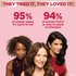 Three women with different hair types posing together. Text claims "95% of women agree it's quick to use" and "94% of women find it as easy as shampoo."