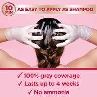 A person in white gloves applying hair color to their roots. Text highlights "10 MIN," "100% gray coverage," and "No ammonia."
