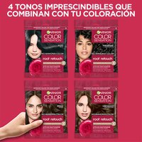 A promotional graphic showing the four available root retouch shades: Black, Dark Brown, Brown, and Light Brown.