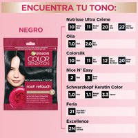 A chart comparing Garnier Root Retouch in Black to other popular hair color brands like Nutrisse, Olia, and Excellence to help users find their match.