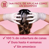 A person in white gloves applying hair color to their roots. Text highlights "10 MIN," "100% gray coverage," and "No ammonia."