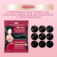 A graphic showing the Black root retouch sachet alongside nine black hair swatches to demonstrate its universal compatibility with various black hair reflects.