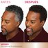 A side-by-side comparison of a man's temples showing gray hair ("BEFORE") and black hair ("AFTER") after using the root retouch.