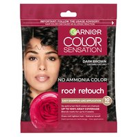 A single-use packet of Garnier Color Sensation Root Retouch in Dark Brown, featuring a woman with dark brown hair and a red rose.