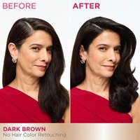 A side-by-side comparison of a woman's profile showing visible gray at the temple ("BEFORE") and uniform dark brown hair ("AFTER") after application.