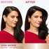A side-by-side comparison of a woman's profile showing visible gray at the temple ("BEFORE") and uniform dark brown hair ("AFTER") after application.
