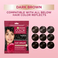 A graphic showing the Dark Brown sachet alongside nine dark brown swatches to illustrate compatibility with various dark brown reflects.