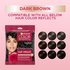 A graphic showing the Dark Brown sachet alongside nine dark brown swatches to illustrate compatibility with various dark brown reflects.