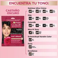 A comparison table helping users match the Dark Brown root retouch shade with equivalent shades from Nutrisse, Olia, and other brands.