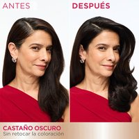 A side-by-side comparison of a woman's profile showing visible gray at the temple ("BEFORE") and uniform dark brown hair ("AFTER") after application.