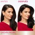 A side-by-side comparison of a woman's profile showing visible gray at the temple ("BEFORE") and uniform dark brown hair ("AFTER") after application.