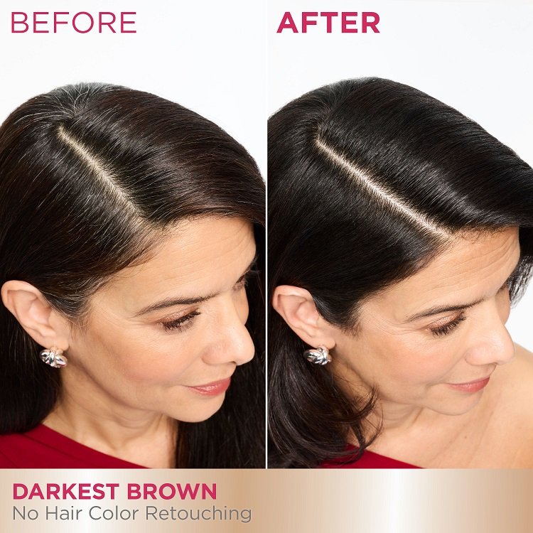 A 'Before and After' comparison showing the top of a woman's head. The 'Before' image displays visible gray hair at the roots along her part, while the 'After' image shows her hair uniformly dyed dark brown with no gray roots visible.