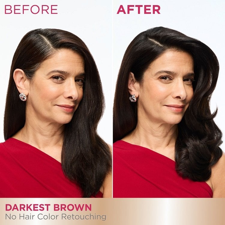 A 'Before and After' comparison of a smiling woman. The 'Before' image shows her with significant gray hair at her temples and roots, while the 'After' image shows her hair fully dark brown, covering all the gray.