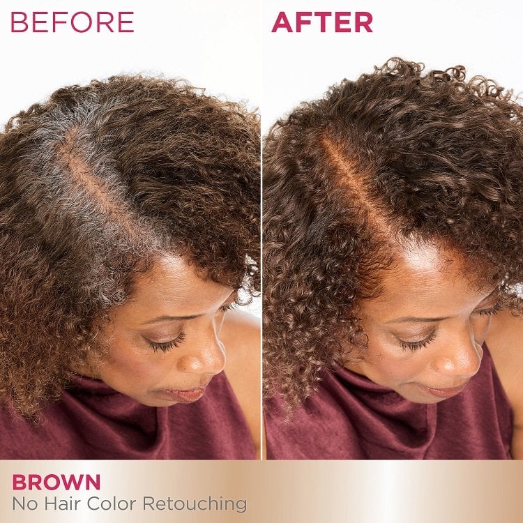 A 'Before and After' comparison showing the top of a woman's head. The 'Before' image displays visible gray hair at the roots along her part, while the 'After' image shows her hair uniformly dyed brown with no gray roots visible.