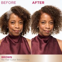 A 'Before and After' comparison of a smiling woman. The 'Before' image shows her with significant gray hair at her temples and roots, while the 'After' image shows her hair fully brown, covering all the gray.