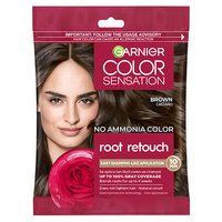 A single-use packet of Garnier Color Sensation Root Retouch in the Brown shade, featuring a woman with brown hair and a red rose.