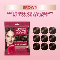 A graphic featuring the Brown sachet next to nine brown hair swatches to show compatibility with various brown reflects.