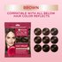 A graphic featuring the Brown sachet next to nine brown hair swatches to show compatibility with various brown reflects.