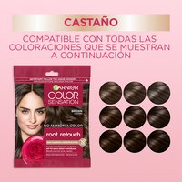 A graphic featuring the Brown sachet next to nine brown hair swatches to show compatibility with various brown reflects.