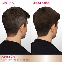 A side-by-side comparison of a man's short brown hair showing gray roots on the left ("BEFORE") and full coverage on the right ("AFTER").