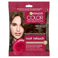 A single-use packet of Garnier Color Sensation Root Retouch in Light Brown, featuring a woman with light brown hair and a red rose icon.