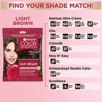 A comparison table helping users find the Light Brown root retouch equivalent for other popular hair color brands like Nutrisse or Excellence.