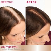 A split image showing gray roots on the left ("BEFORE") and a uniform light brown result on the right ("AFTER") after application.