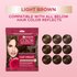 A graphic featuring the Light Brown sachet next to nine light brown hair swatches to show compatibility with various light brown reflects.