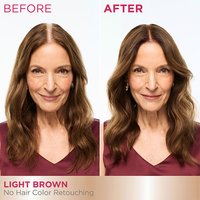 A side-by-side comparison of a woman showing visible gray at her roots ("BEFORE") and seamless light brown coverage ("AFTER").