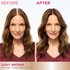 A side-by-side comparison of a woman showing visible gray at her roots ("BEFORE") and seamless light brown coverage ("AFTER").