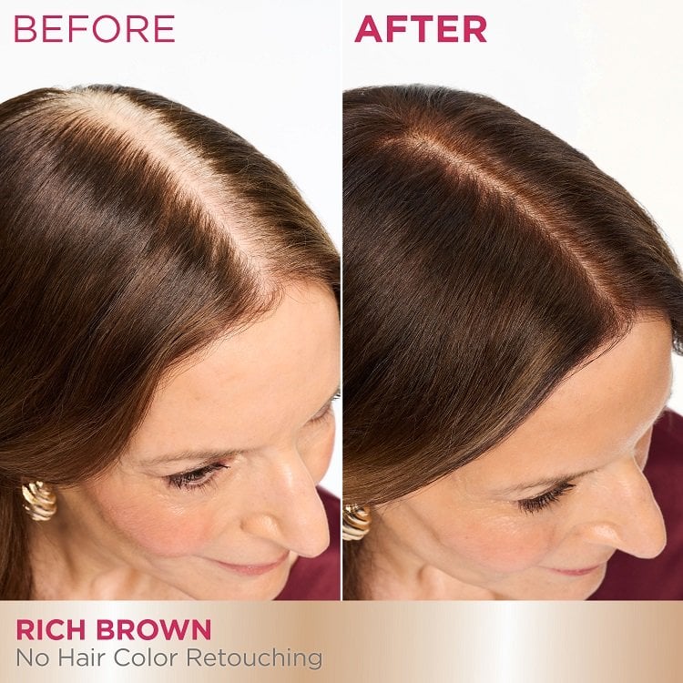 A 'Before and After' comparison showing the top of a woman's head. The 'Before' image displays visible gray hair at the roots along her part, while the 'After' image shows her hair uniformly dyed rich brown with no gray roots visible.