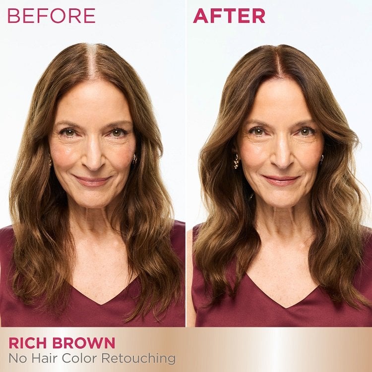 A 'Before and After' comparison of a smiling woman. The 'Before' image shows her with significant gray hair at her roots, while the 'After' image shows her hair fully rich brown, covering all the gray.