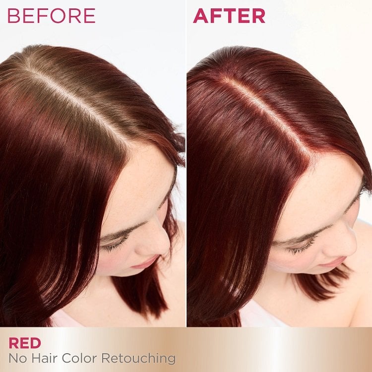 A 'Before and After' comparison showing the top of a woman's head. The 'Before' image displays visible light brown hair at the roots along her part, while the 'After' image shows her hair uniformly dyed red with no brown roots visible.